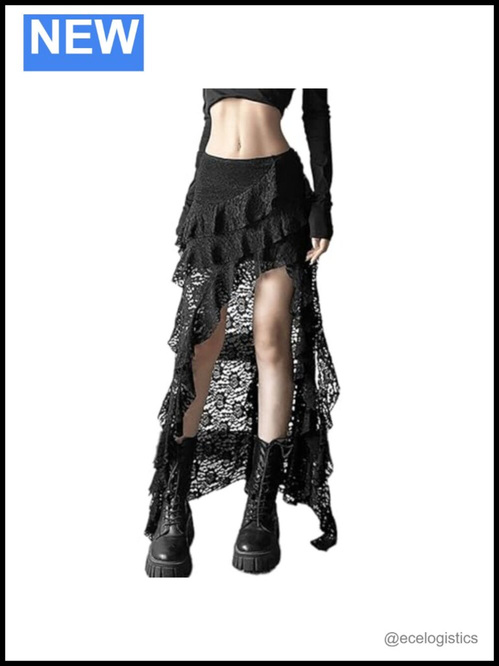 Boho Gothic Tulle Skirt Women High Waist Flowy Lace Fringe Maxi